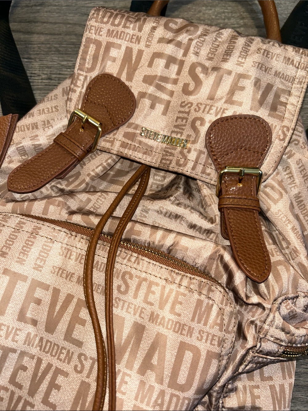 Steve Madden Logo Print Mini Backpack Tan Brown Nylon Drawstring Bag